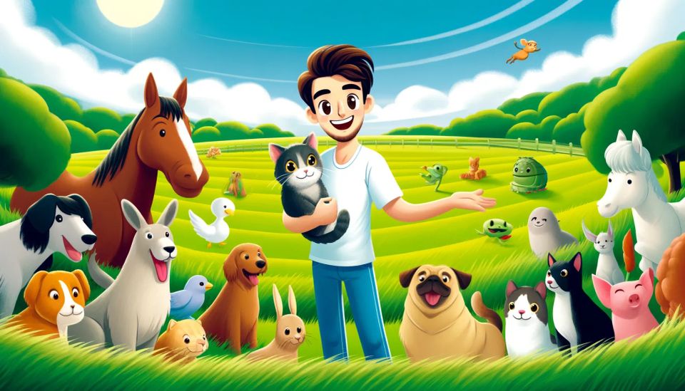 Un homme au centre entouré d'animaux heureux (chat, chien, lapin, phoque, grenouille)