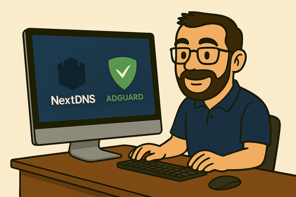 Illustration d'un homme (Cédric) souriant devant un ordinateur affichant les logos des solutions de sécurité NextDNS et AdGuard