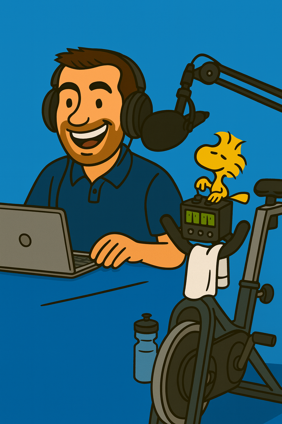  Cédric Godart en studio : micro, casque et laptop, avec Woodstock et des éléments d’indoor cycling (serviette, gourde).