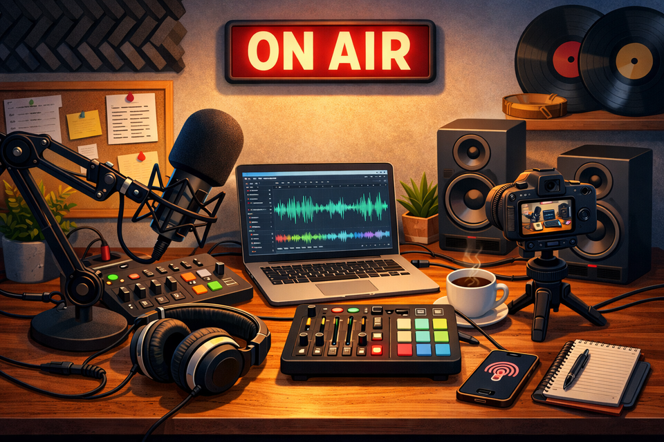 Illustration d’un home studio de podcast avec micro sur bras articulé, table de mixage, casque audio, ordinateur affichant une piste sonore et caméra pour l’enregistrement vidéo