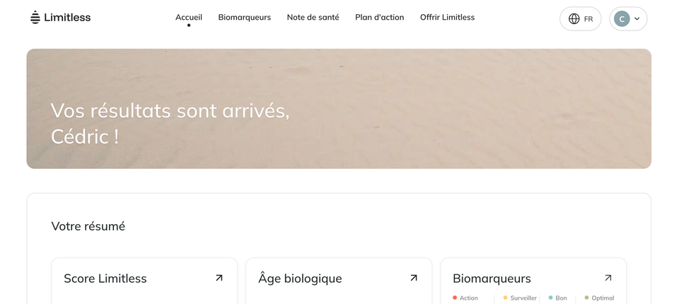 Tableau de bord Limitless affichant les résultats de bilan sanguin avec Score Limitless, âge biologique et biomarqueurs classés par catégorie