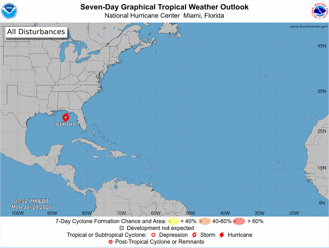 Tropical Storm Bertha forms in Gulf as watches remain in effect