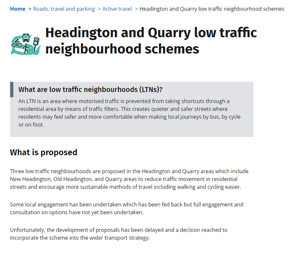 OCC's Active Travel webpage in August 2022, stating development of the proposals had been delayed