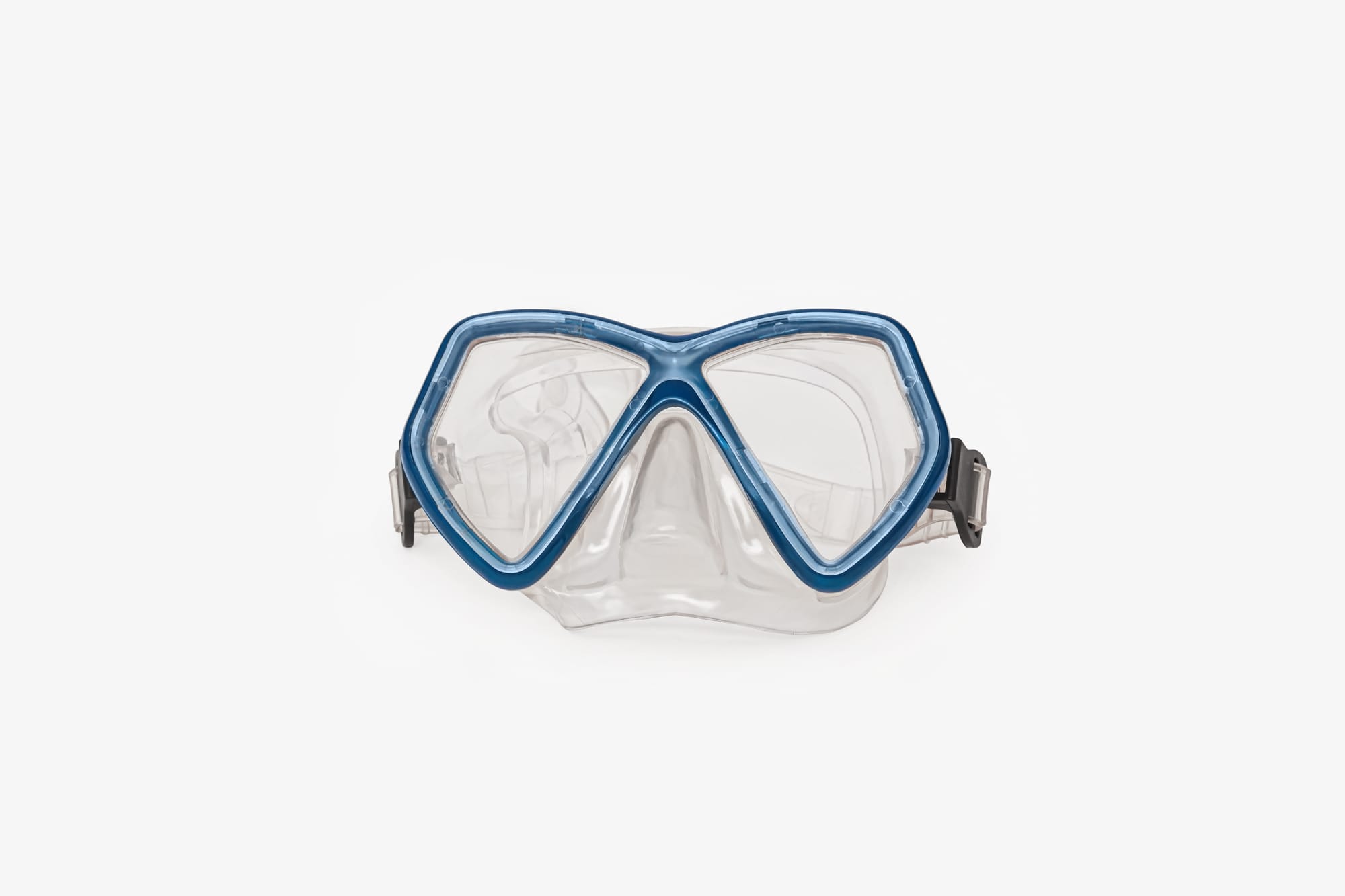 A blue and transparent double-lens scuba diving mask