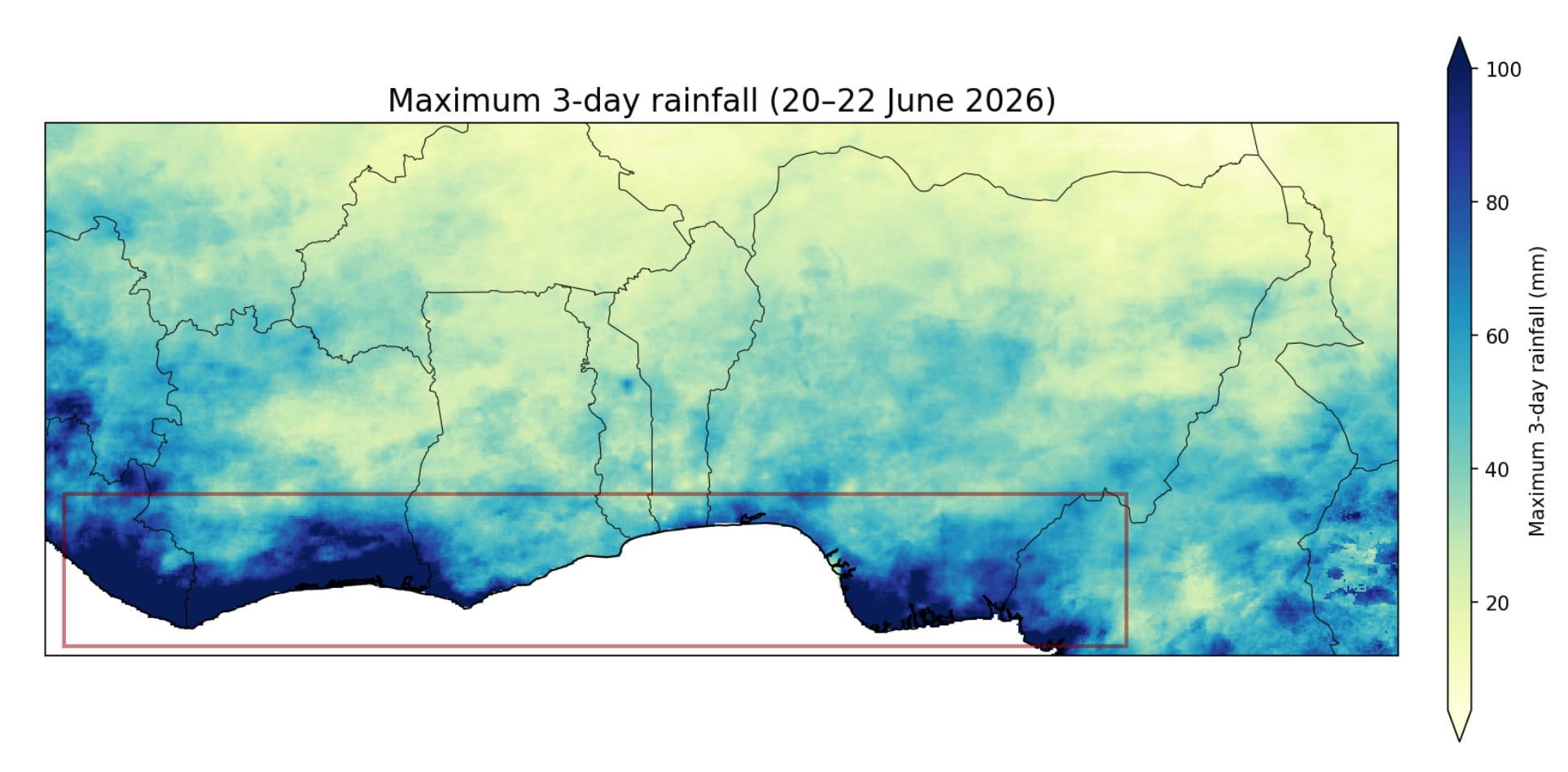 Map showing 3 day accumulation totals for June 20-22, with the greatest amounts along the coast.