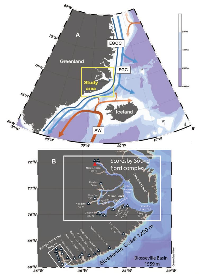 Two maps, one section the central section of the East Greenland coast where Scoresby Sound is located, and another map zoomed in on that area.