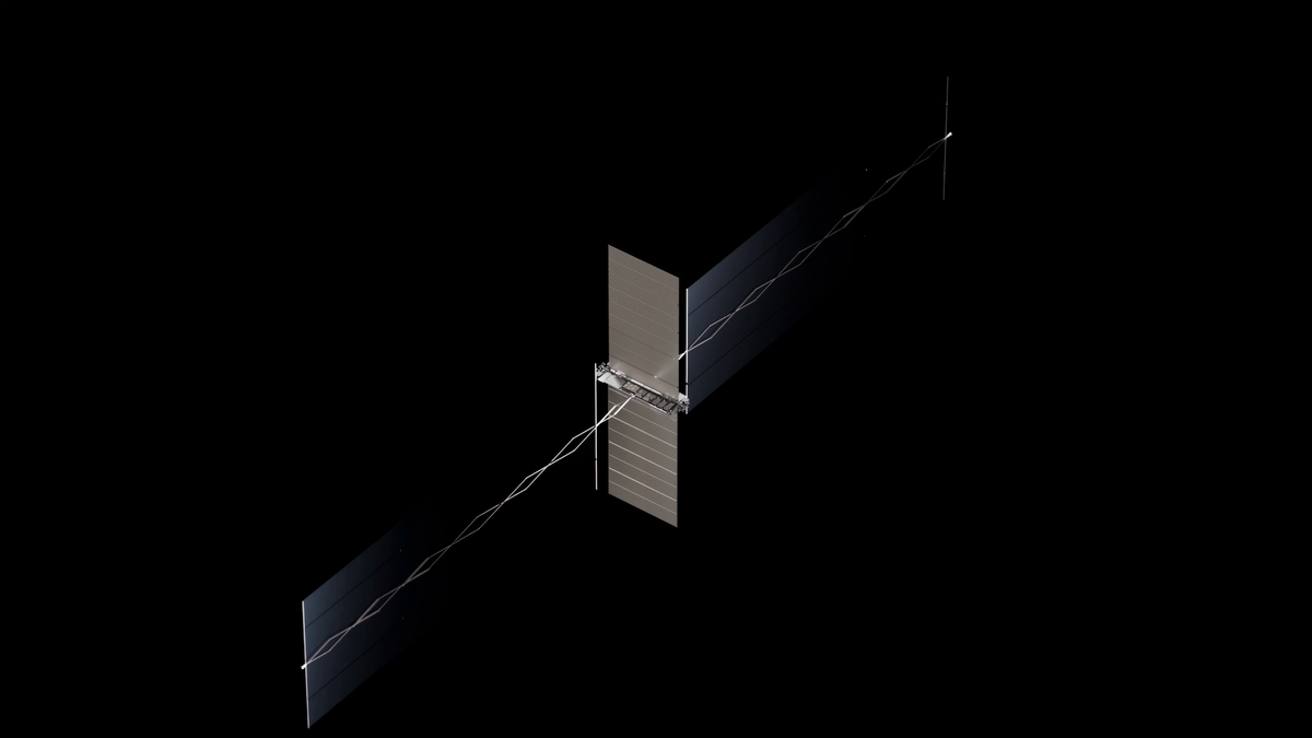 Rendering of a satellite with long solar panels and a large vertical fin in the middle.