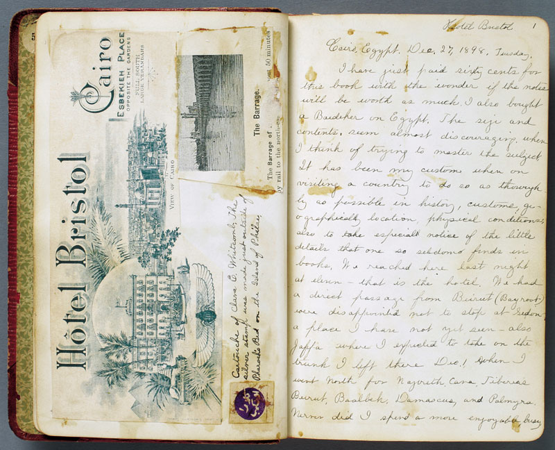 “Clara selected this small, but probably expensive, leather-bound diary with its floral endpapers and pages of thick, white, coated paper to record her journey.”