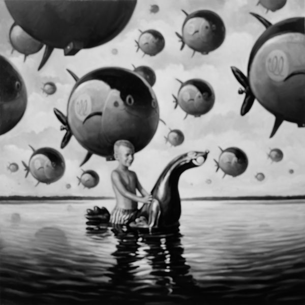 Boy on Inflatable, 2004<br />
Selenium toned silver gelatin print mounted on aluminum<br />
42 1/4 x 41 1/4 inches
