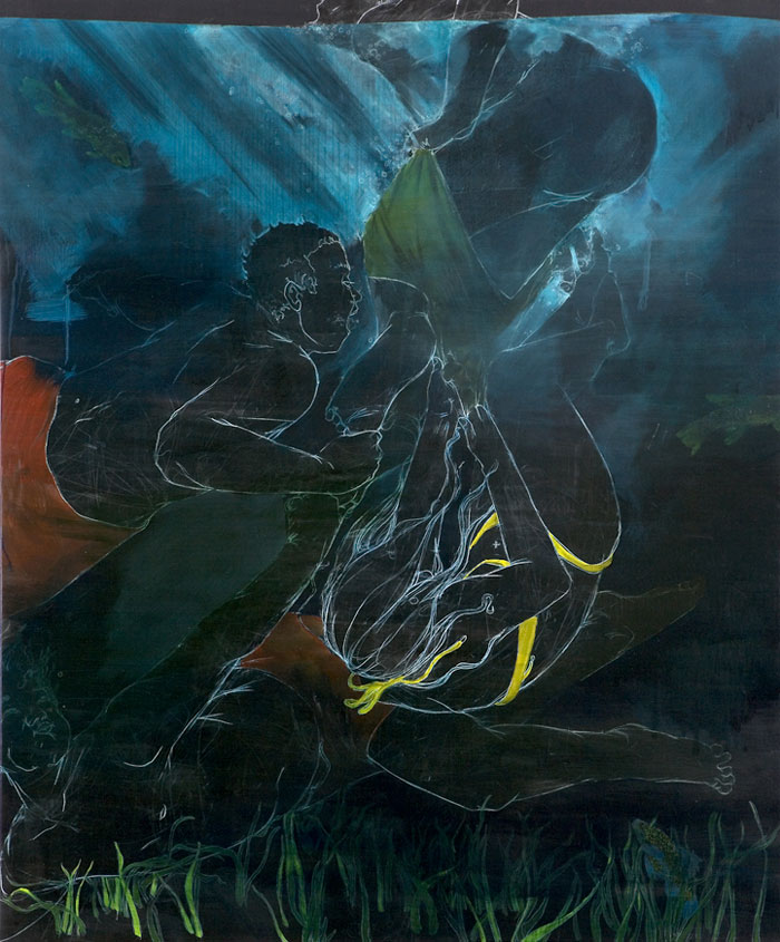 Sharks and Minnows, 2009 
Graphite, grease pencil, chalk, pastel, and oil paint on canvas 
65 x 54 inches 
165.1 x 137.2 cm