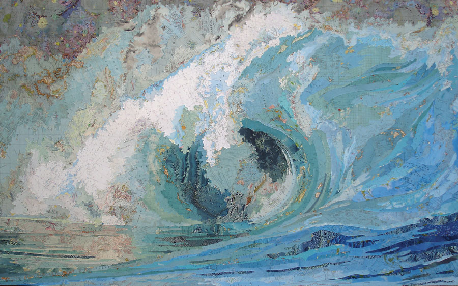 <b>Matthew Cusick, “Fiona’s Wave,” 2005.</b> Cusick creates outsized collaged paintings from fragments of atlases and school geography books published between 1872 and 1945, a time of much mapping and remapping.