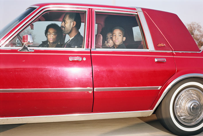 Family traveling northwest at 63 mph on Interstate 244 near Yale Avenue in Tulsa, 
Oklahoma, at approximately 4:15 p.m. on the last day of 1991 
From the series Vector Portraits 
Digital C-Print  
© Andrew Bush, Courtesy Yossi Milo Gallery, New York and Julie Saul Gallery, New York