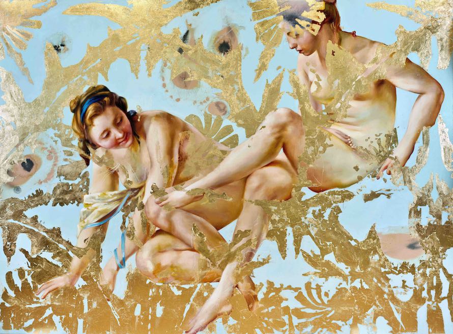 <em>Carried by voices</em>, 66” x 90”, oil, 23-karat gold leaf and synthetic resin on canvas, 2014