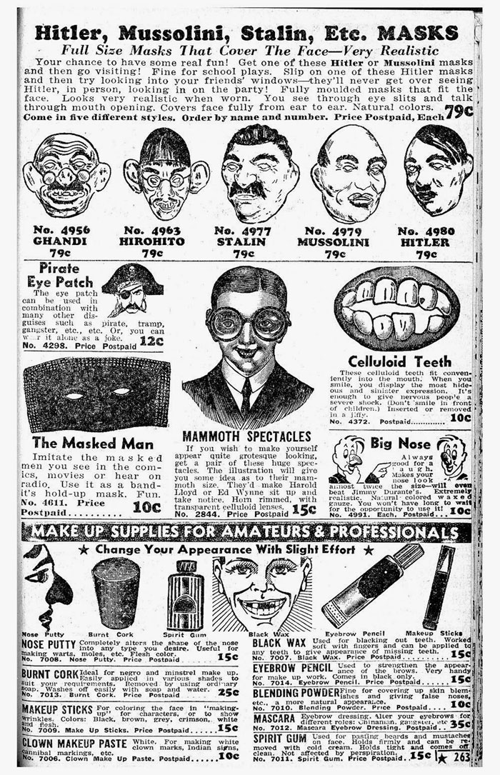 Hitler, Mussolini, and Stalin masks, Johnson Smith & Co., 1940s