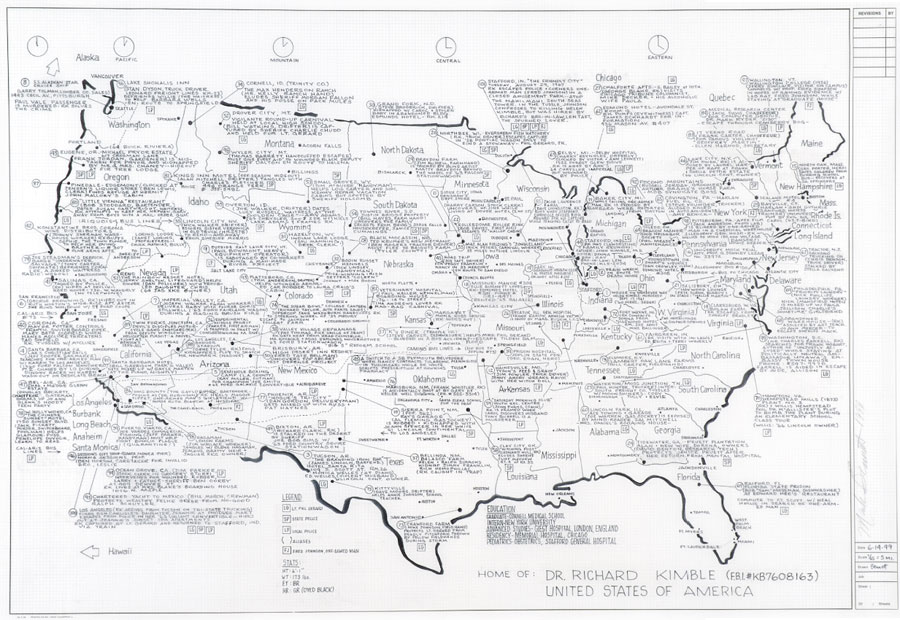 <b>Mark Bennett, “Home of Richard Kimble (The Fugitive),” 1999.</b> Bennett creates blueprint architectural renderings of the homes of classic sitcom and film characters. Occasionally, he widens his scope to produce maps of entire television shows and, in the case of <i>The Fugitive</i>, the entire country, so as to track the nail-biting peregrinations of Dr. Richard Kimble, endlessly searching for the one-armed man.
