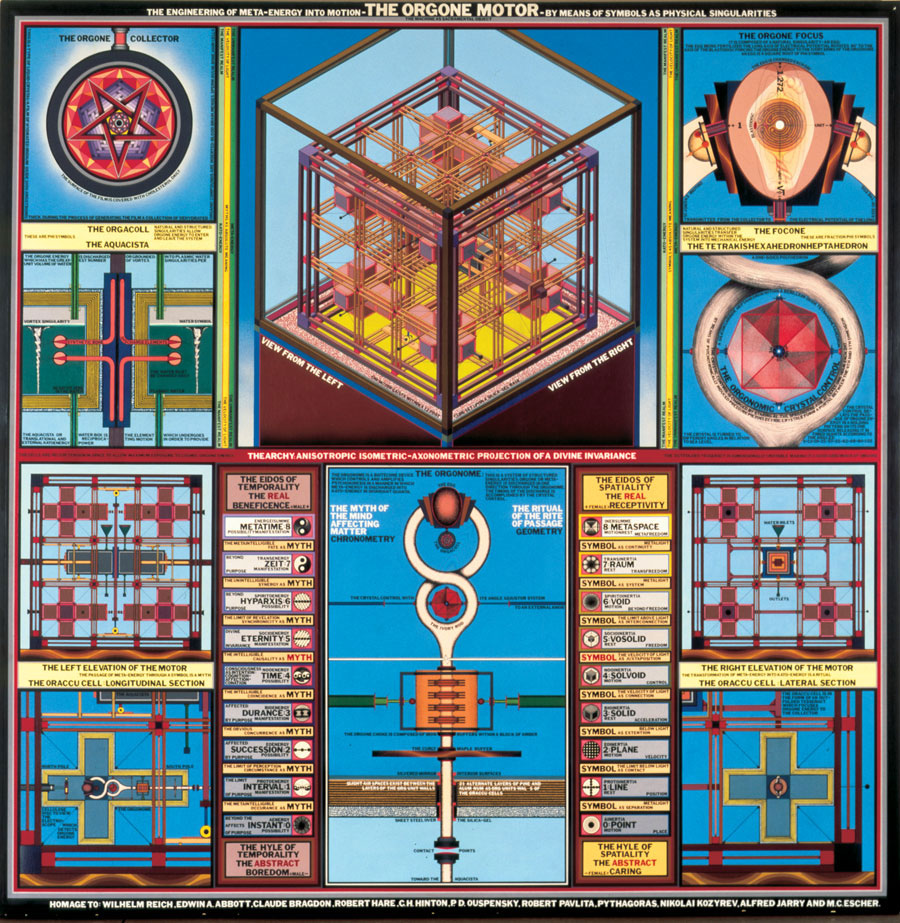 The Orgone Motor, 1981
Oil, Acrylic, Lettering on Canvas
73 1/2 x 73 1/2 in.
© Paul Laffoley