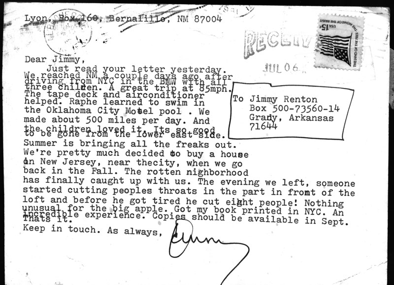 Postcard sent by the author to Renton in prison in the early 1980s