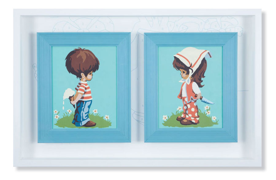 Trey Speegle (1960-)
Hey You! (Let's Share), 2011 
Acrylic on vintage paint-by-number panels with hand-silkscreened wallpaper
18