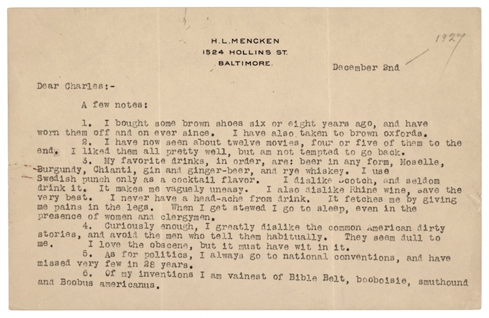 H.L. Mencken
Letter to Charles Green Shaw
Dec. 2, 1927