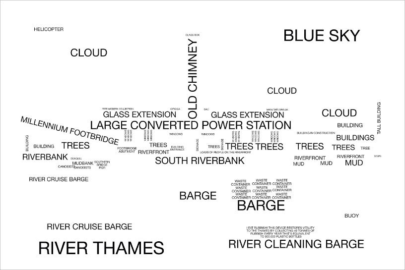 <b>Alberto Duman, “View of the Tate Modern, London,” 2007.</b> Duman devised a series of seven typographic prints depicting landmarks of London, his adopted home. Duman took photographs of the sites and placed words on each image in order to completely replace the visual components with labels.