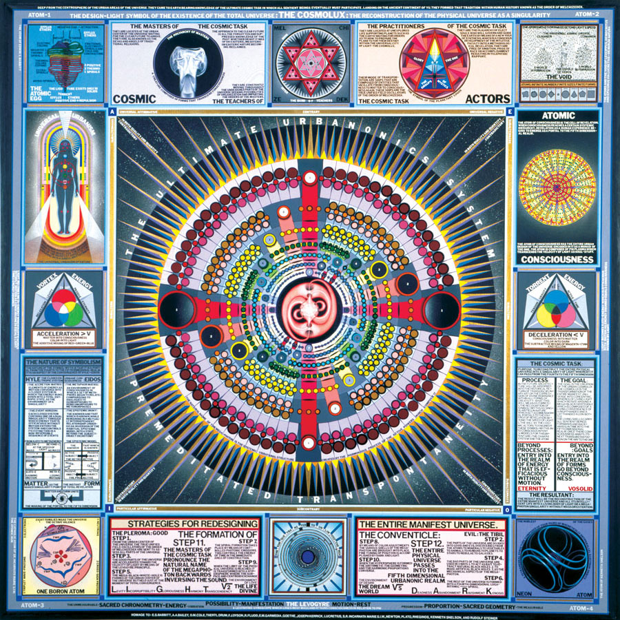 Cosmolux, 1981
Oil, acrylic and lettering on canvas
73 1/2 x 73 1/2 in.
© Paul Laffoley