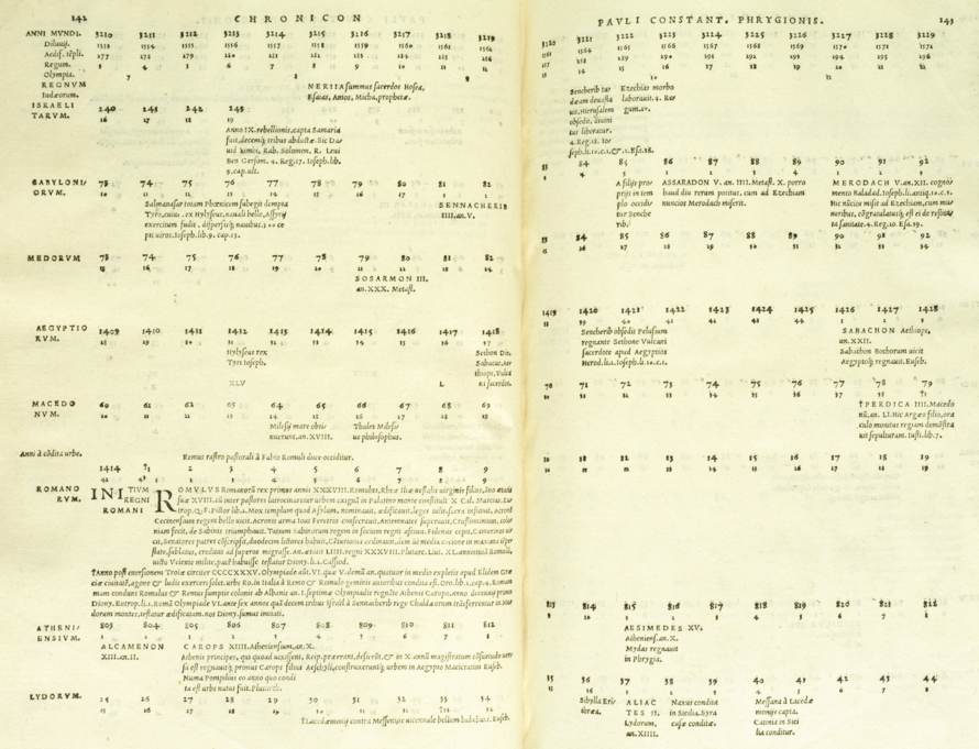 In this strikingly handsome book, published in 1534, Paulus Constantinus Phrygio lays out human history on a horizontal line. Though Phrygio’s work expresses the forward movement of history, the relatively weak axis of years along the top of the page makes the actual dates of events hard to follow. Even such turning points as the Crucifixion and the fall of Jerusalem, seen in the last image, are hard to locate. These defects of layout may explain why Phrygio’s work was not reprinted. But its content may also have played a part. His lists of early dynasties come from the texts forged by Annius of Viterbo, and his work was received with skepticism by more learned scholars.