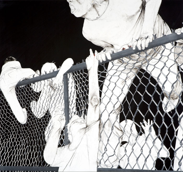 Leap Frog, 2009 
Graphite, grease pencil, chalk, charcoal, and oil on canvas 
76.5 x 81 inches 
194.3 x 205.7 cm