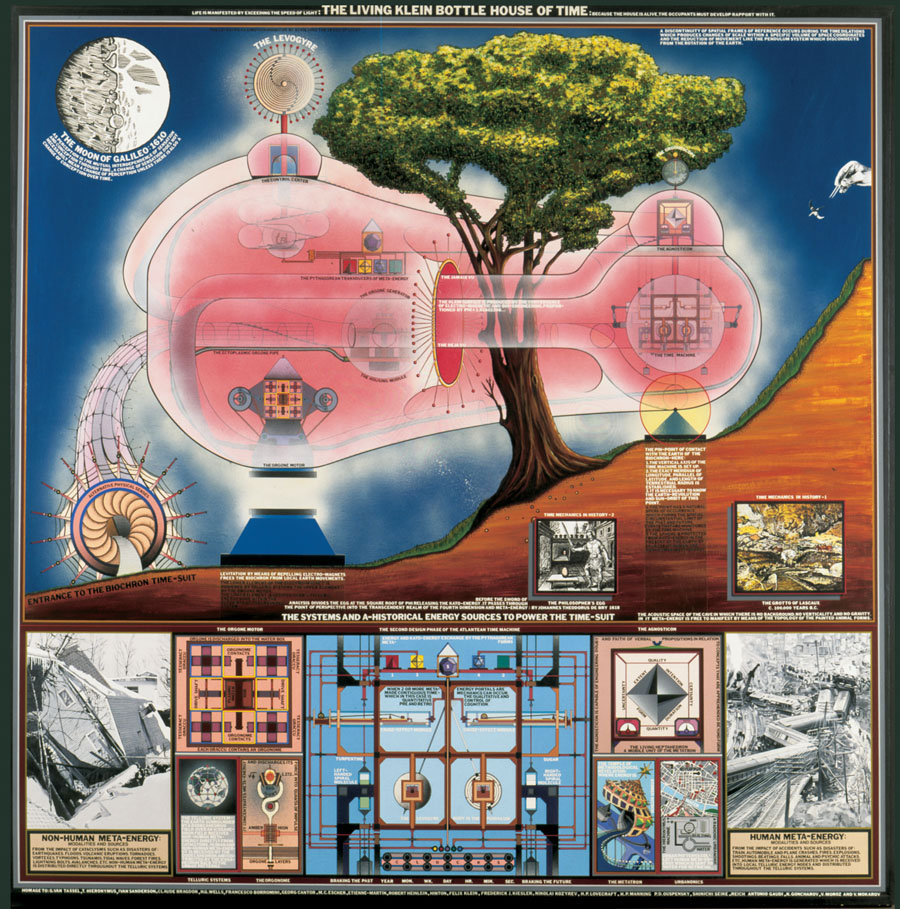 The Living Klein Bottle House of Time, 1978
Oil, Acrylic, Lettering on Canvas
73 1/2 x 73 1/2 in.
© Paul Laffoley
