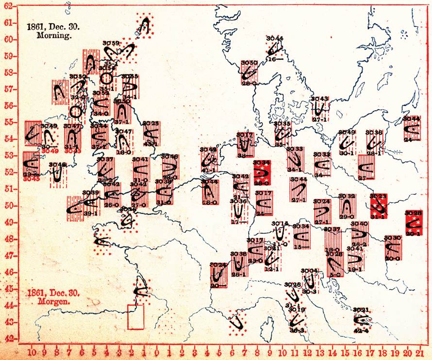 Francis Galton did pioneering work both in the study of weather and in its mapping. In <i>Meteorographica</i>, or Methods of Mapping the Weather, from 1863, Galton presented a variety of meteorological diagrams including “synchronous charts” such as the one depicted here, indicating weather conditions, barometric pressure, and wind direction at a single historic moment across the geographic space of Europe.