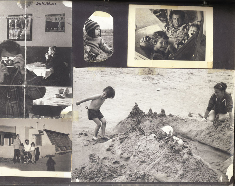 A page of photos arranged by James Renton in his album, showing the author photographing his wife Nancy in Bolivia, his son Noah, the author and his family in New Mexcio, and Nancy with Raphe and Noah at the beach.
