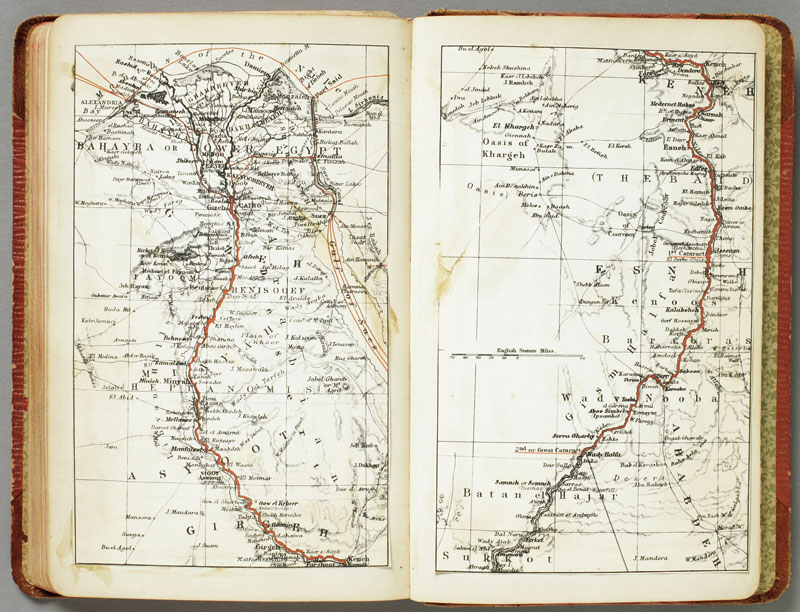 “The area Clara covered in her Egyptian travels can be seen on this map, which she pasted into the back of her diary. Clara’s routes included a trip down the Nile from Cairo to Luxor.”