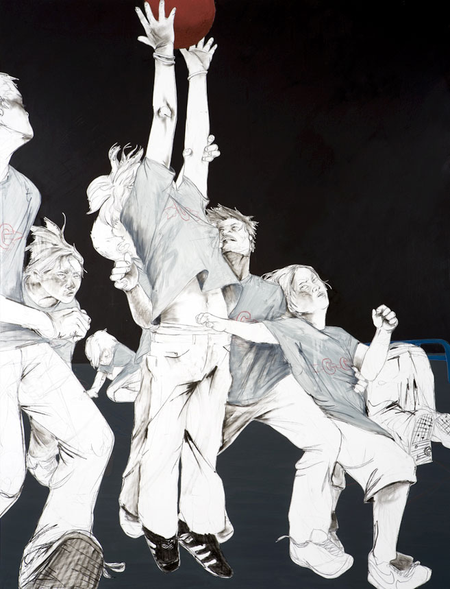 Kill the Carrier, 2009 
Graphite, grease pencil, oil, and charcoal on canvas 
89 x 68 inches 
226.1 x 172.7 cm