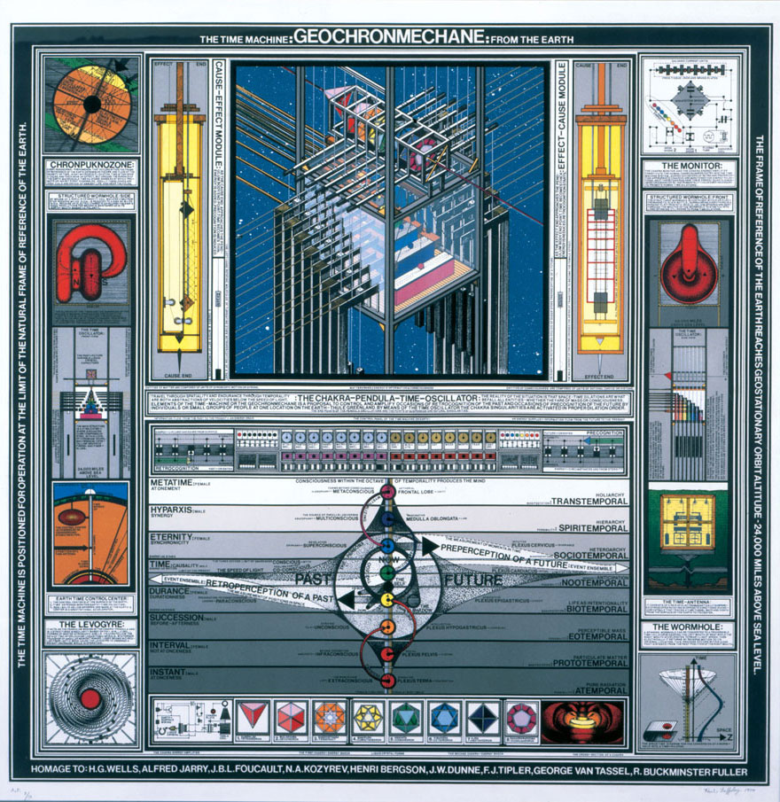 Geochronmechane:Time Machine from the Earth, 1990			
Serigraph on rag paper	
Edition of 75
28 x 28 in.
© Paul Laffoley