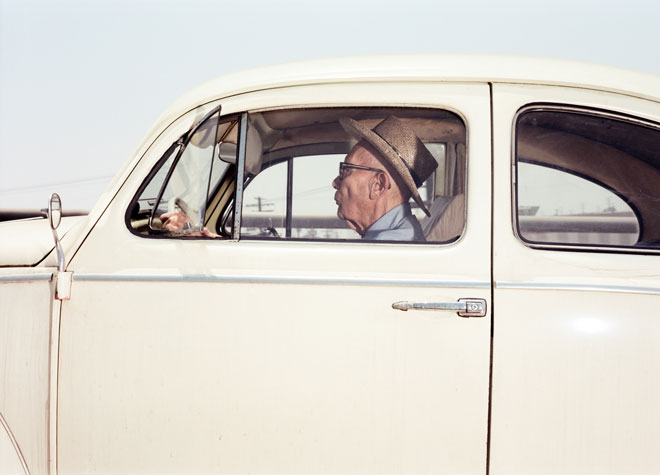 Man rolling along (whistle audible?) on U.S. Route 101 at approximately 55 mph on a summer day in 1989
From the series Vector Portraits
Digital C-Print 
(c) Andrew Bush, Courtesy Yossi Milo Gallery, New York and Julie Saul Gallery, New York