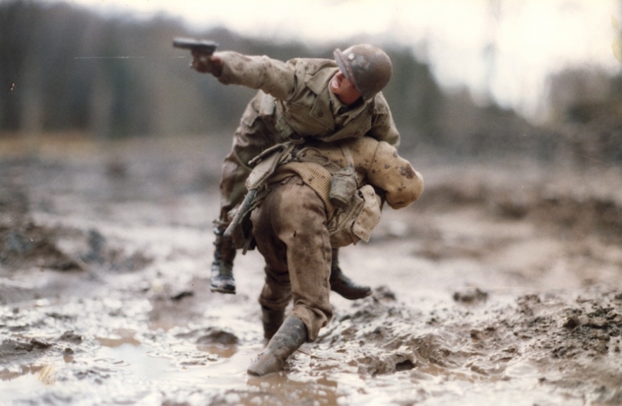 A medic rescues a wounded major after an ambush by the SS.
Photo by Mark E. Hogancamp. Courtesy of The Cinema Guild.