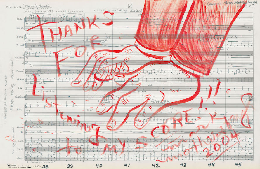 Continually producing new imagery, Mothersbaugh frequently draws on his scores while recording. Score for <i>The Life Aquatic With Steve Zissou</i> (2004).