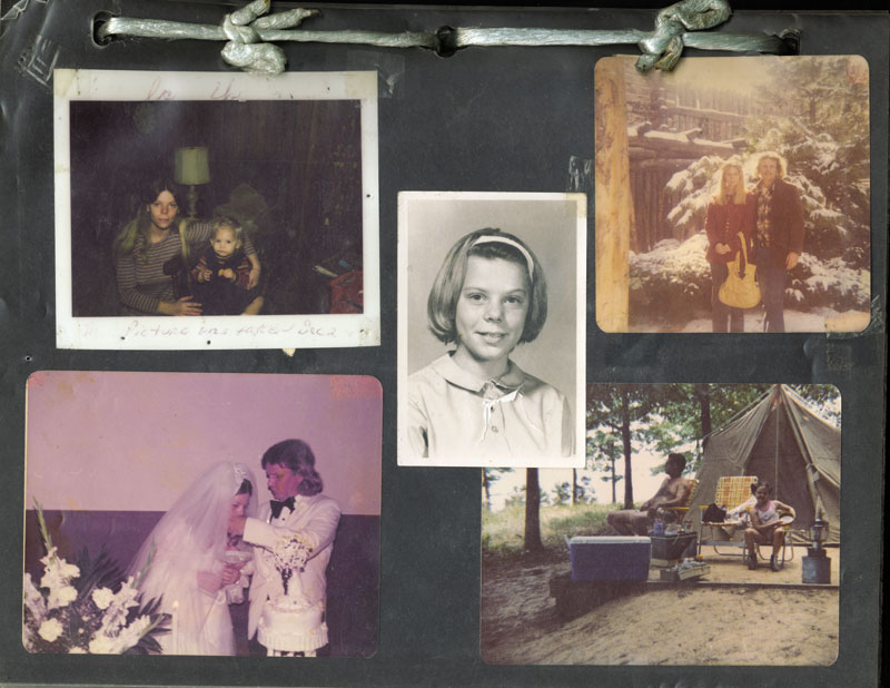 The cover of James Renton's handmade photo album, showing his daughter Barbara, her wedding, and his granddaughter Jennifer.
