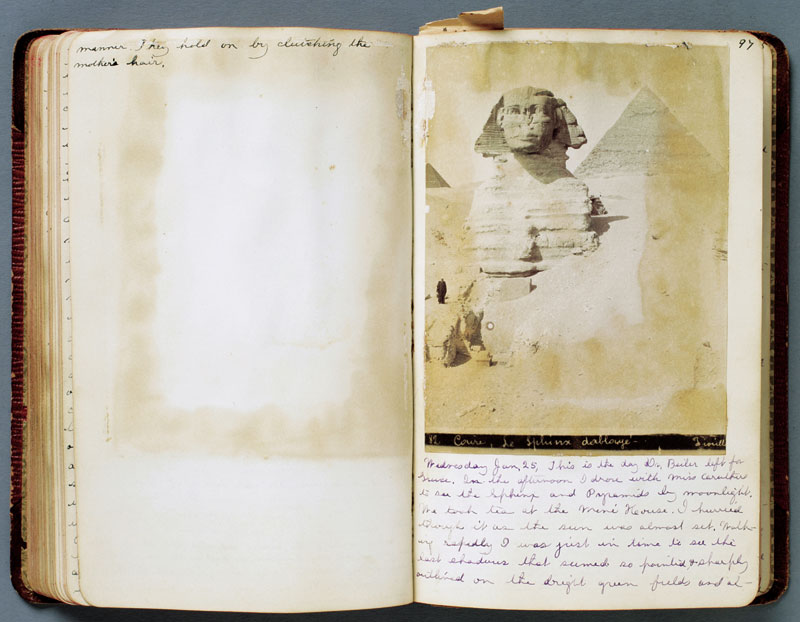 “On page 97 of her diary, Clara pasted a photograph of the Sphinx and Pyramids, writing ‘I drove with Miss Caruthers to see the Sphinx and Pyramids by moonlight.’ She reached the site just as the sun was setting, and her description of the lengthening shadows and the outline of the monument becomes poetic. She wrote in her diary, “Walking rapidly I was just in time to see the last shadows that seemed so pointed and sharply outlined on the bright green fields, most reaching to the banks of the Nile that are five or six miles away.’“