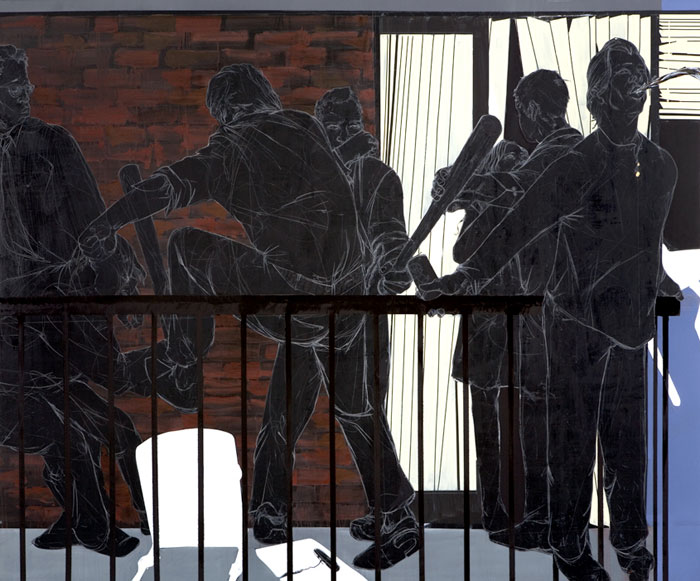 Breaking a Chair in Three Parts, 2009 
Graphite, grease pencil, oil, and gold leaf on canvas 
76.5 x 81 inches 
194.3 x 205.7 cm