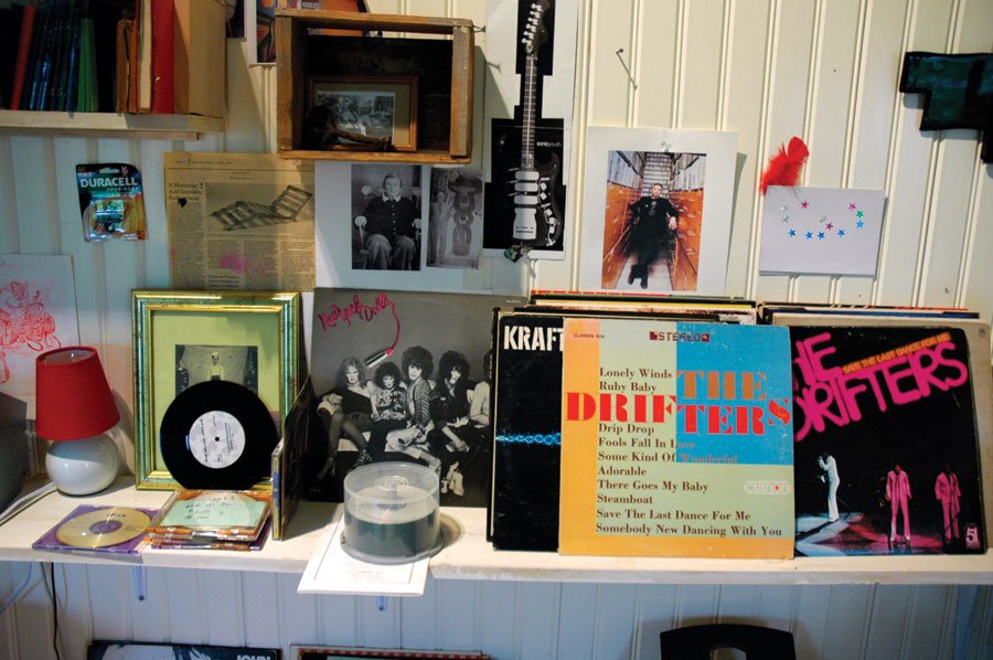 “I work out of my memory, out of visual memory, sort of abstract memories of times and places and sounds. So [those records] are kind of magic. I like the fact that this studio is kind of like a rich kid’s playroom. Because it has different computers and all kinds of gear, and people like to come over and listen to records.”<br /><br />
Mary Heilmann, Bridgehampton, Long Island, New York