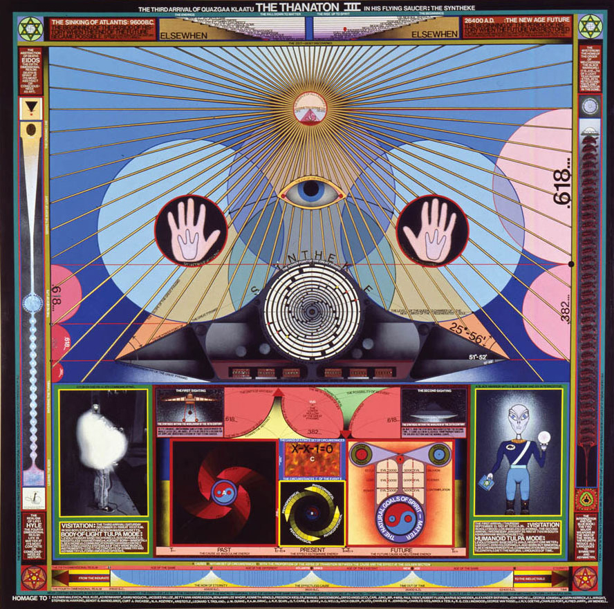 Thanaton III, 1989
Oil, acrylic, ink, lettering on canvas
73 1/2 x 73 1/2 in.
© Paul Laffoley