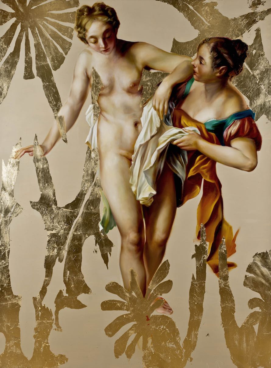 <em>Ghosts in the sunlight</em>, 90” x 66”, oil, 23kt gold leaf and synthetic resin on canvas, 2014