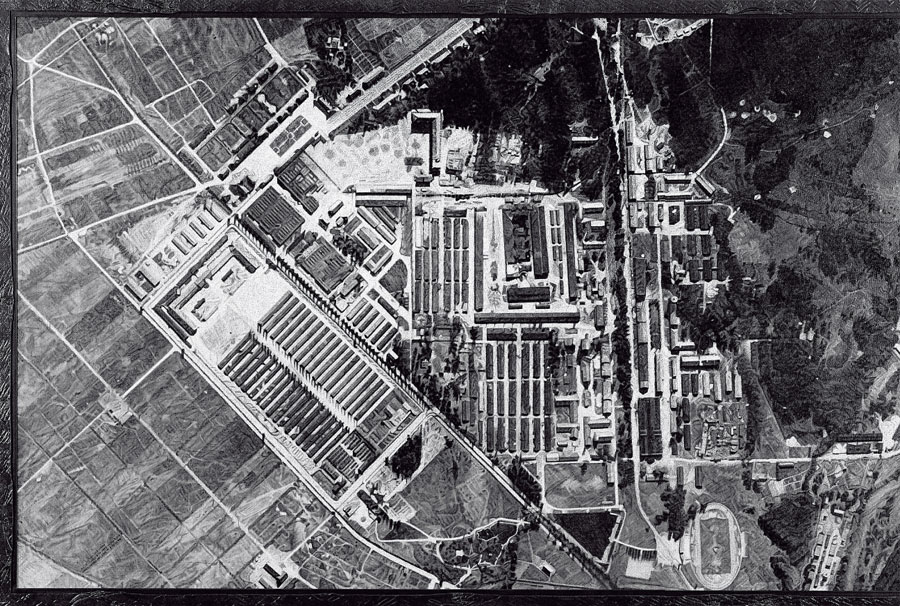 <b>Arie A. Galles, “Station One: Auschwitz-Birkenau,” 1998.</b> The title alludes to the fourteen stations of the cross, as well as to the siting of Nazi concentration camps next to rail lines. The drawings, based on Luftwaffe and Allied aerial reconnaissance film, were made over the course of a decade, during which Galles says he felt “strapped to the belly of a bomber, looking down.”