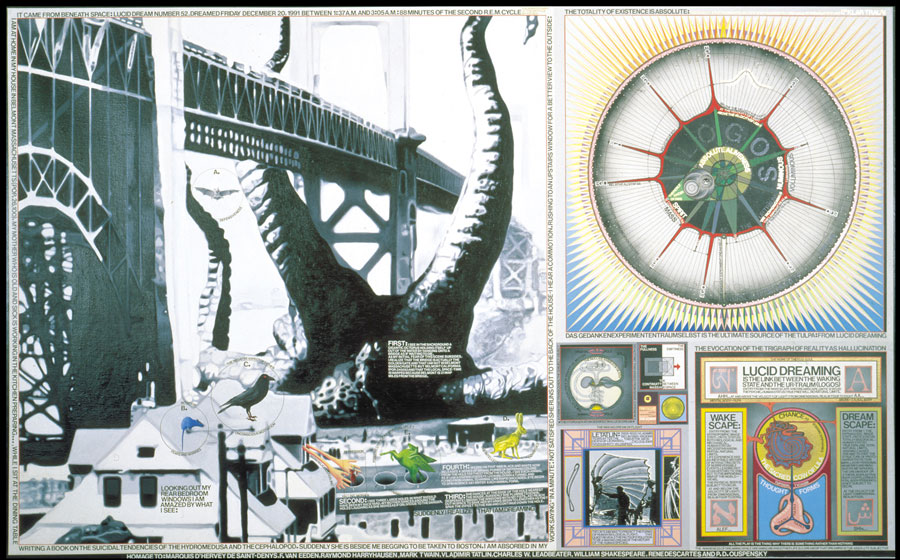 It Came from Beneath Space, 1993
Oil, Acrylic, Ink, lettering on Canvas
61 1/2 x 98 1/2 in.
© Paul Laffoley