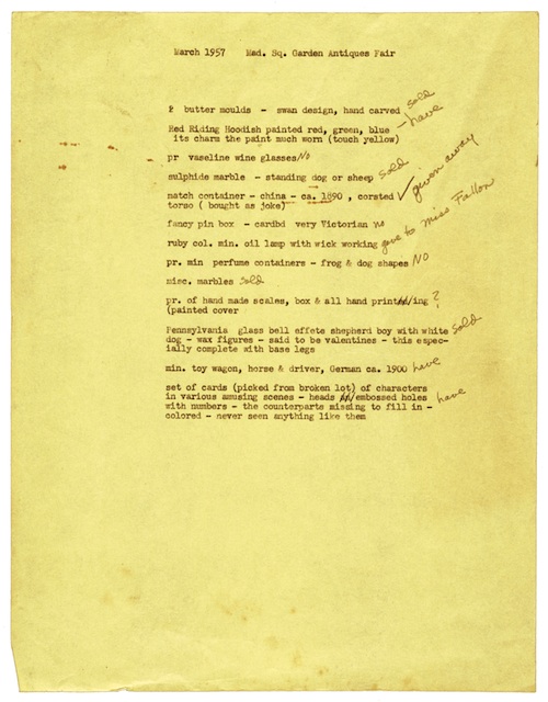 Joseph Cornell
List of Items Purchased at the 13th National Antiques Show, New York City
March 1957