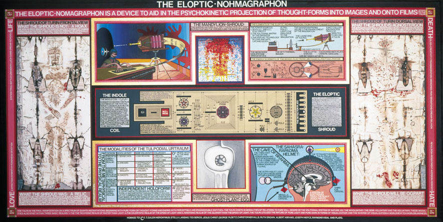 The Eloptic Nohmagraphon, 1989
Oil, Acrylic, Ink, Lettering on Canvas
37 1/2 x 73 1/2 in.
© Paul Laffoley