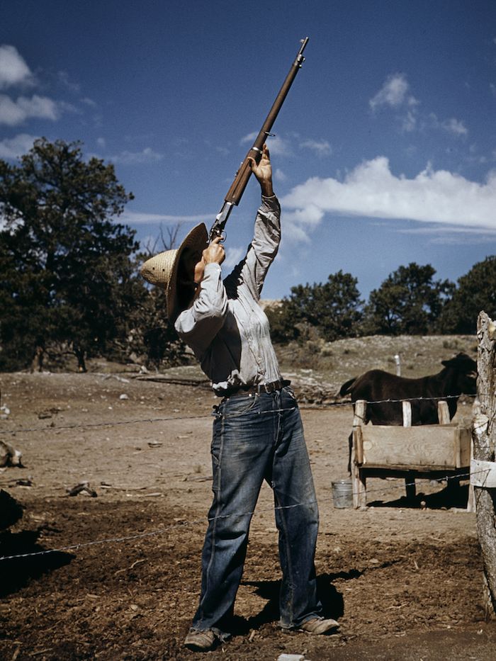 Nell Leathers, homesteader, shooting hawks which have been carrying away her chickens, 2010
10 1/2 x 14