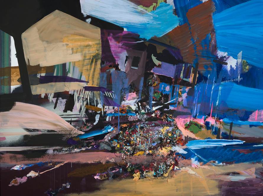 “The Next Block,” 2012, Flashe, acrylic gouache, and spray paint on panel, 30 x 40 inches