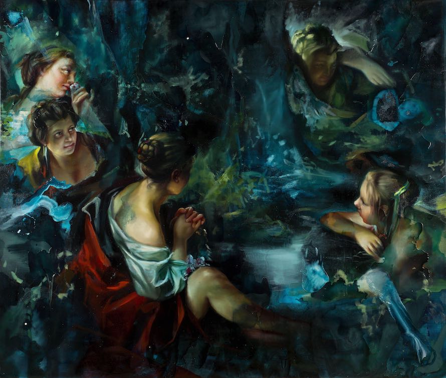 <em>Though the crowded between and usurped the kiss of my mouth their breath was your gift their beauty your life</em>, 72” x 84”, oil and synthetic resin on linen, 2014