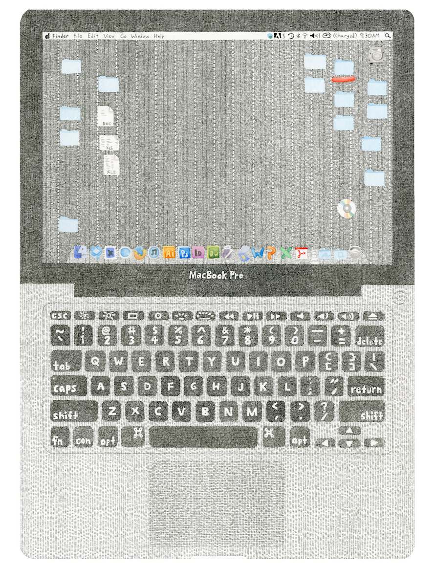 MacBook Pro (self portrait), 2012, 17 5/8 x 12 1/2 inches (Laptop), 5 3/8 x 8 3/8 inches (Cord), ink, gouache and graphite on paper